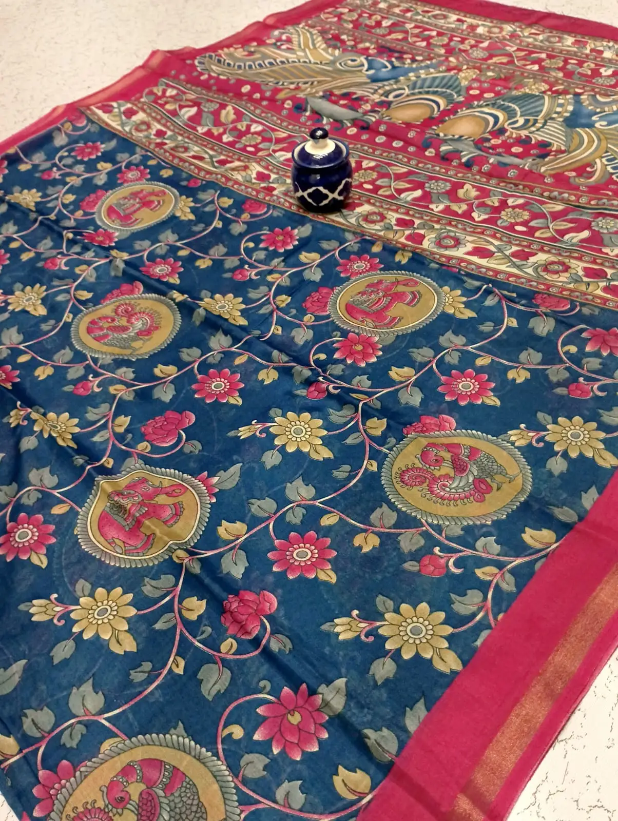 Kalamkari Floral Paisley Medallion Mul Cotton Saree